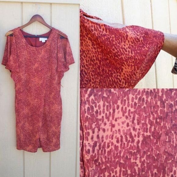 Jessica Simpson Retro 80's Paint Splatter Batwing Cold Shoulder Dress Coral - Picture 1 of 8
